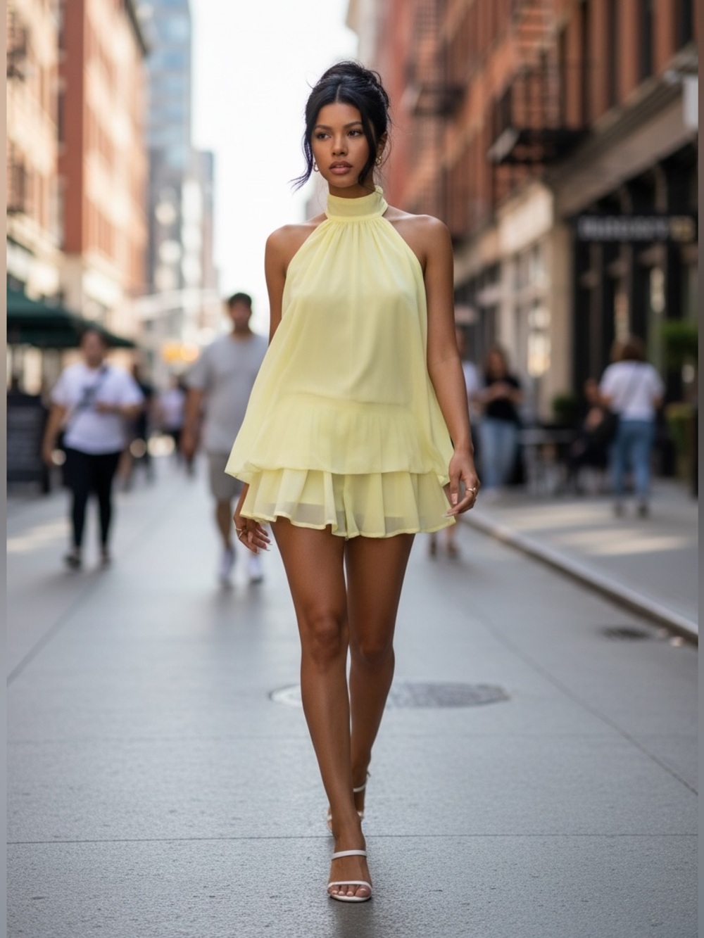 Chiffon Halter Drop Waist Ruffle Loose Fit Mini Dress in Yellow